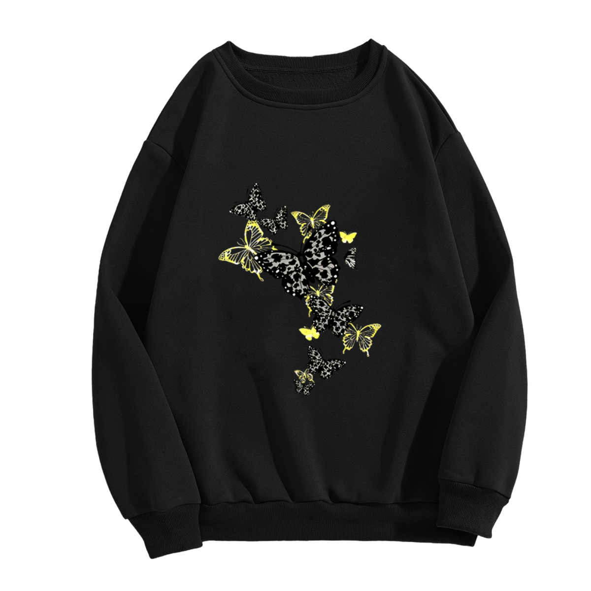 Stylish Black?Yellow Leopard Butterfly Cluster Crewneck Sweatshirt