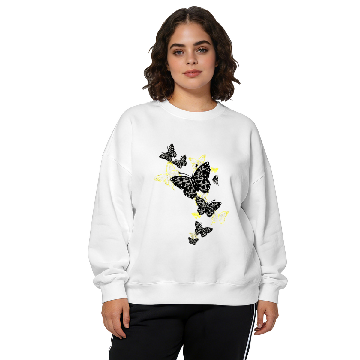 Stylish Black?Yellow Leopard Butterfly Cluster Crewneck Sweatshirt