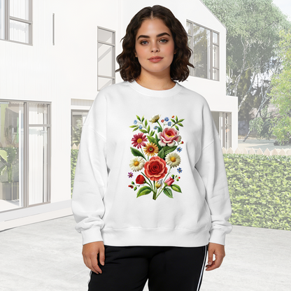 Vibrant Retro Botanical Bouquet Graphic Crewneck Sweatshirt