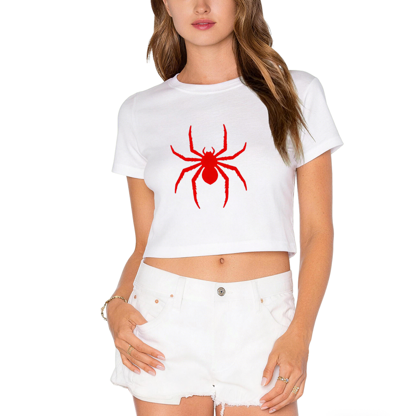 Bold Red Spider Silhouette Grey Crop Top ¨C Dark Grunge Streetwear Graphic Tee