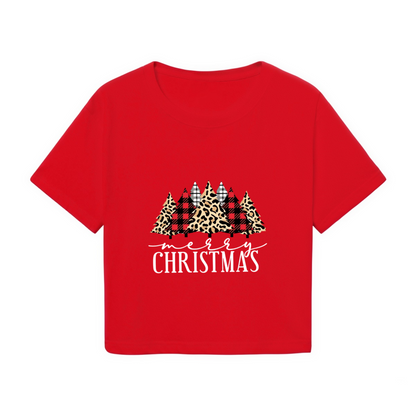 Retro Plaid Leopard Christmas Tree Holiday Red Crop Top
