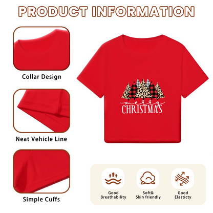 Retro Plaid Leopard Christmas Tree Holiday Red Crop Top