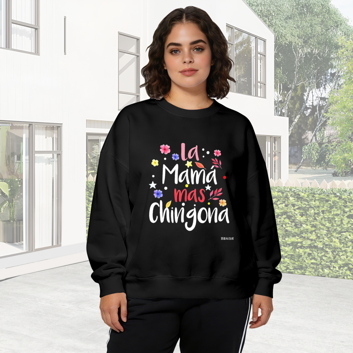 La Mam¨¢ Mas Chingona Floral Letter Design Crewneck Sweatshirt