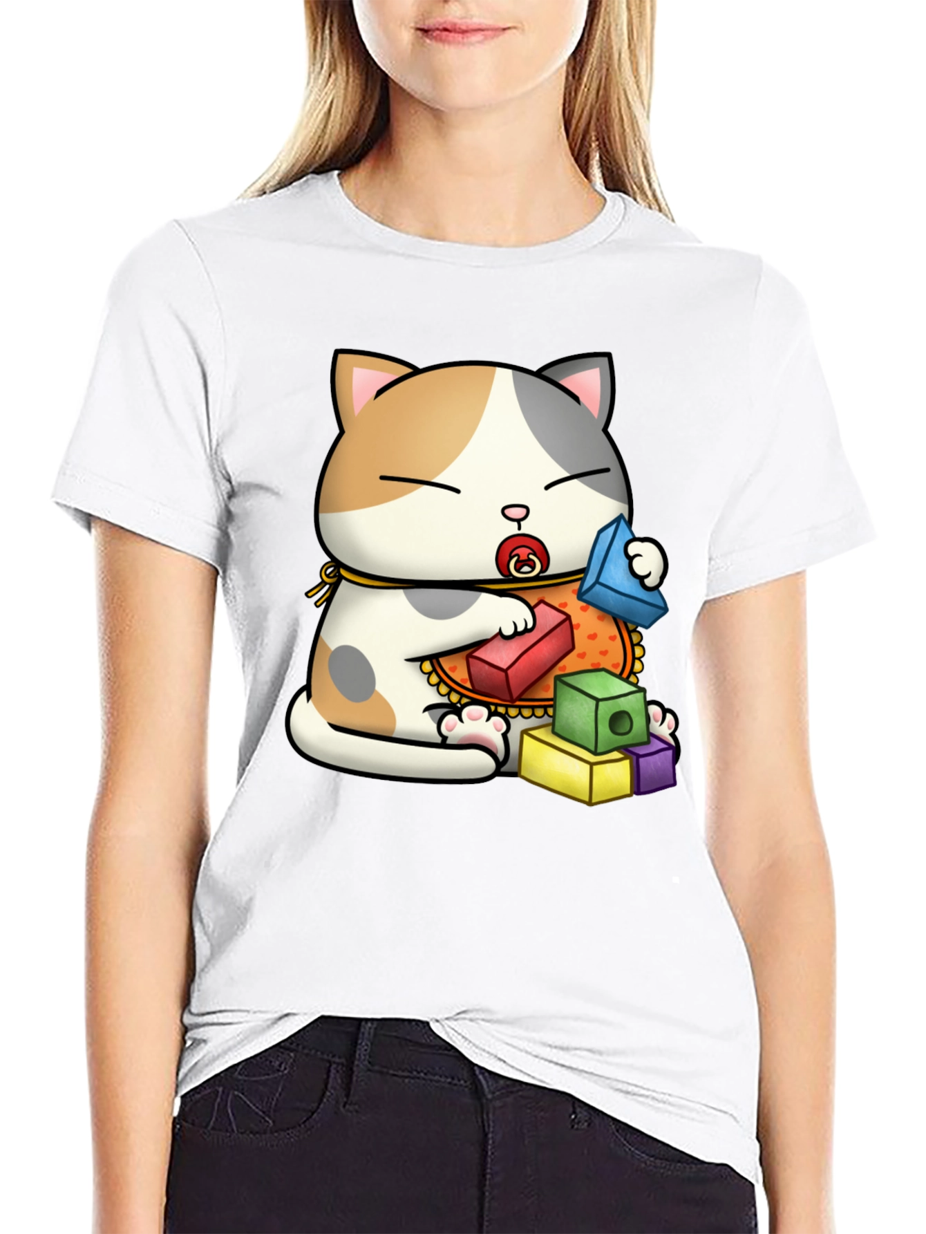 Cute Cat with Blocks Graphic Tee
