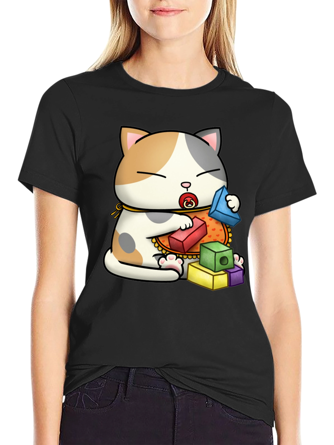 Cute Cat with Blocks Graphic Tee