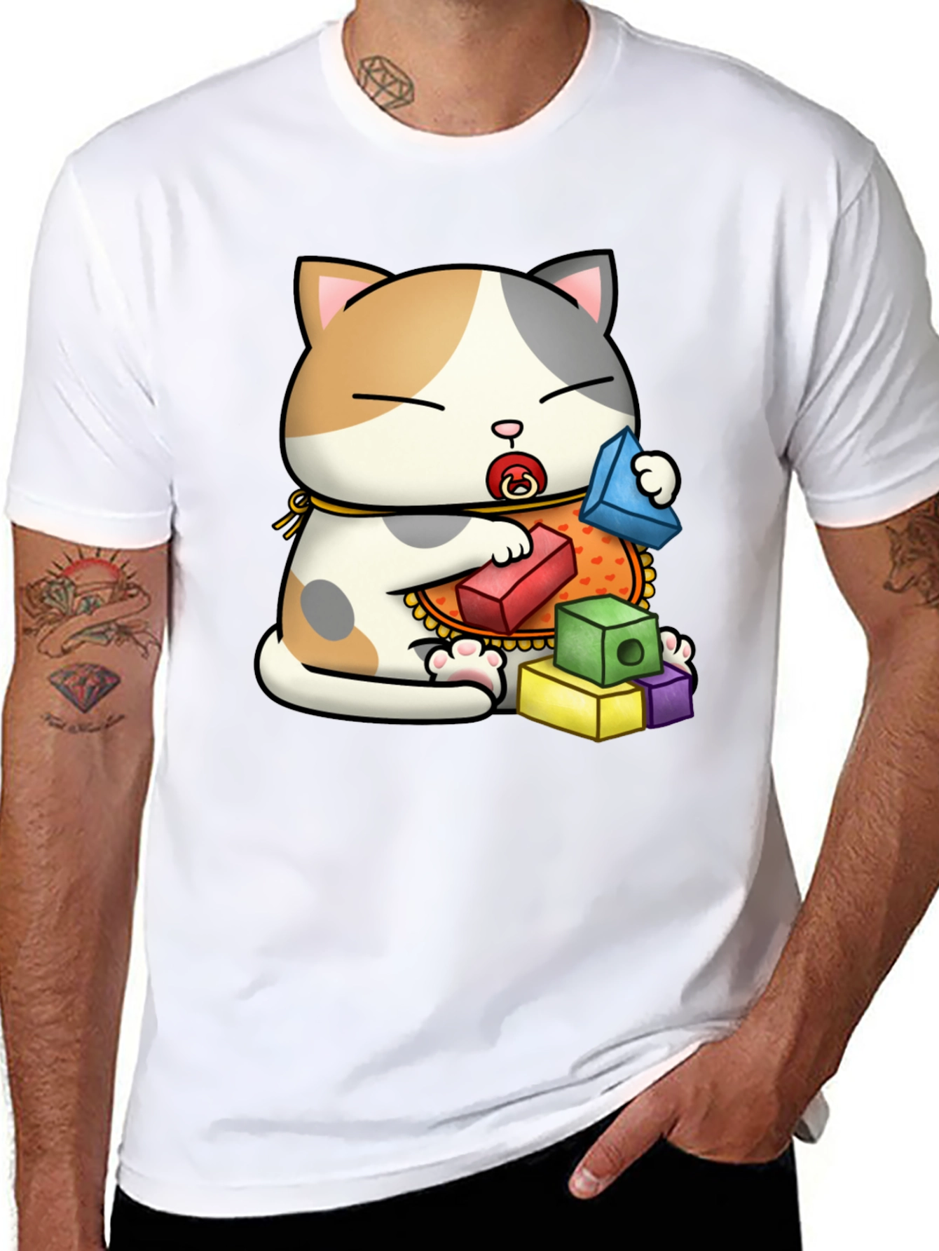 Cute Cat with Blocks Graphic Tee