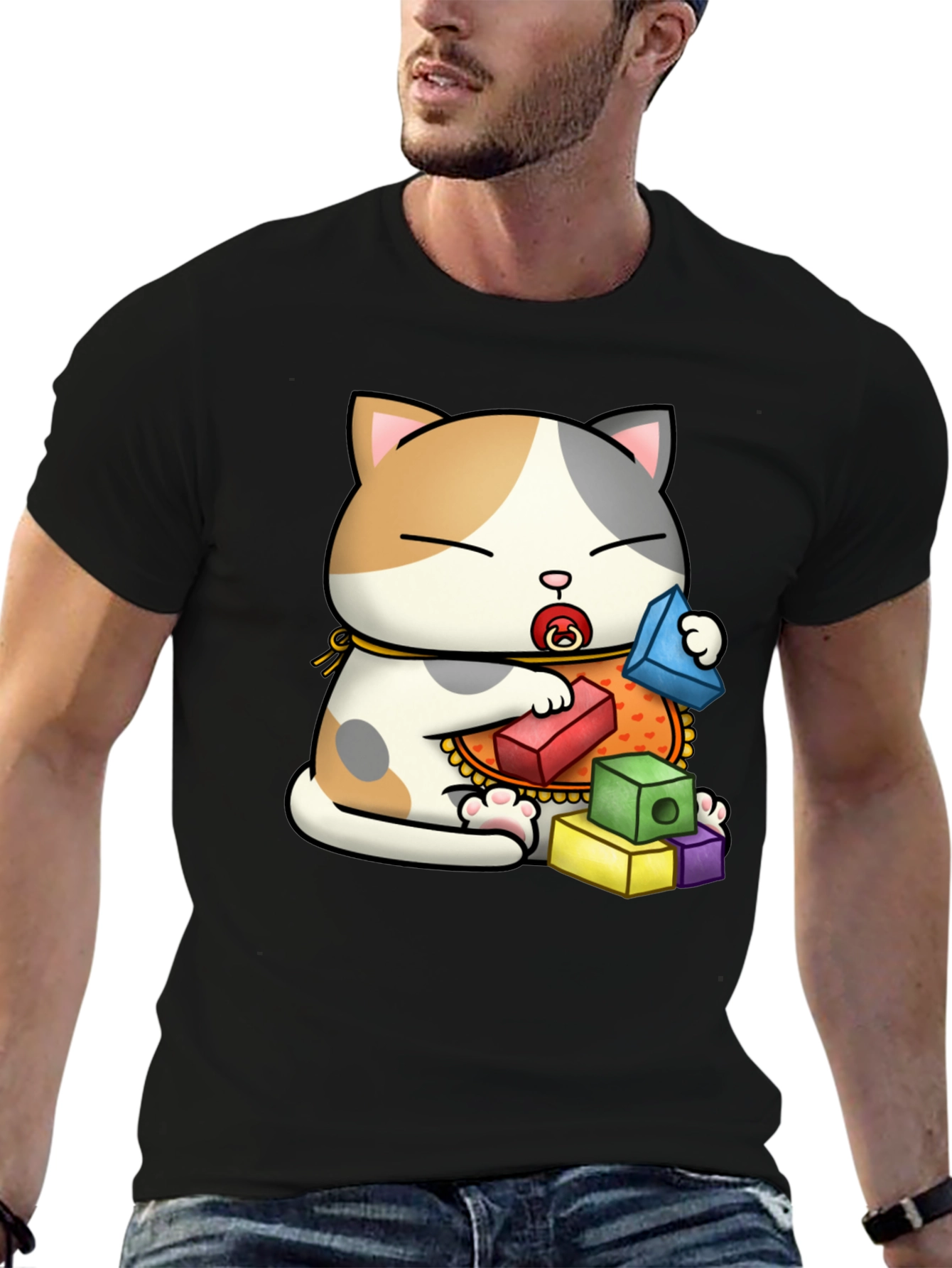 Cute Cat with Blocks Graphic Tee