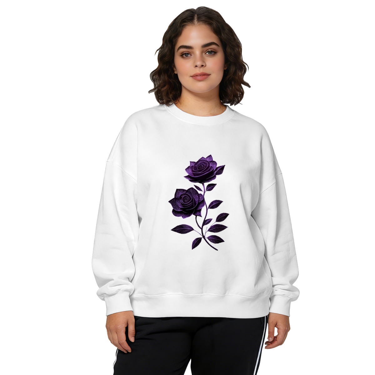 Glam Glitter Purple Rose Art White Crewneck Sweatshirt