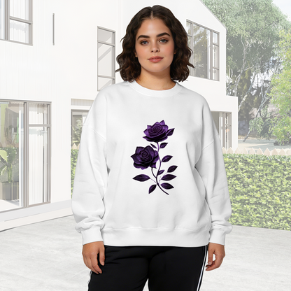 Glam Glitter Purple Rose Art White Crewneck Sweatshirt
