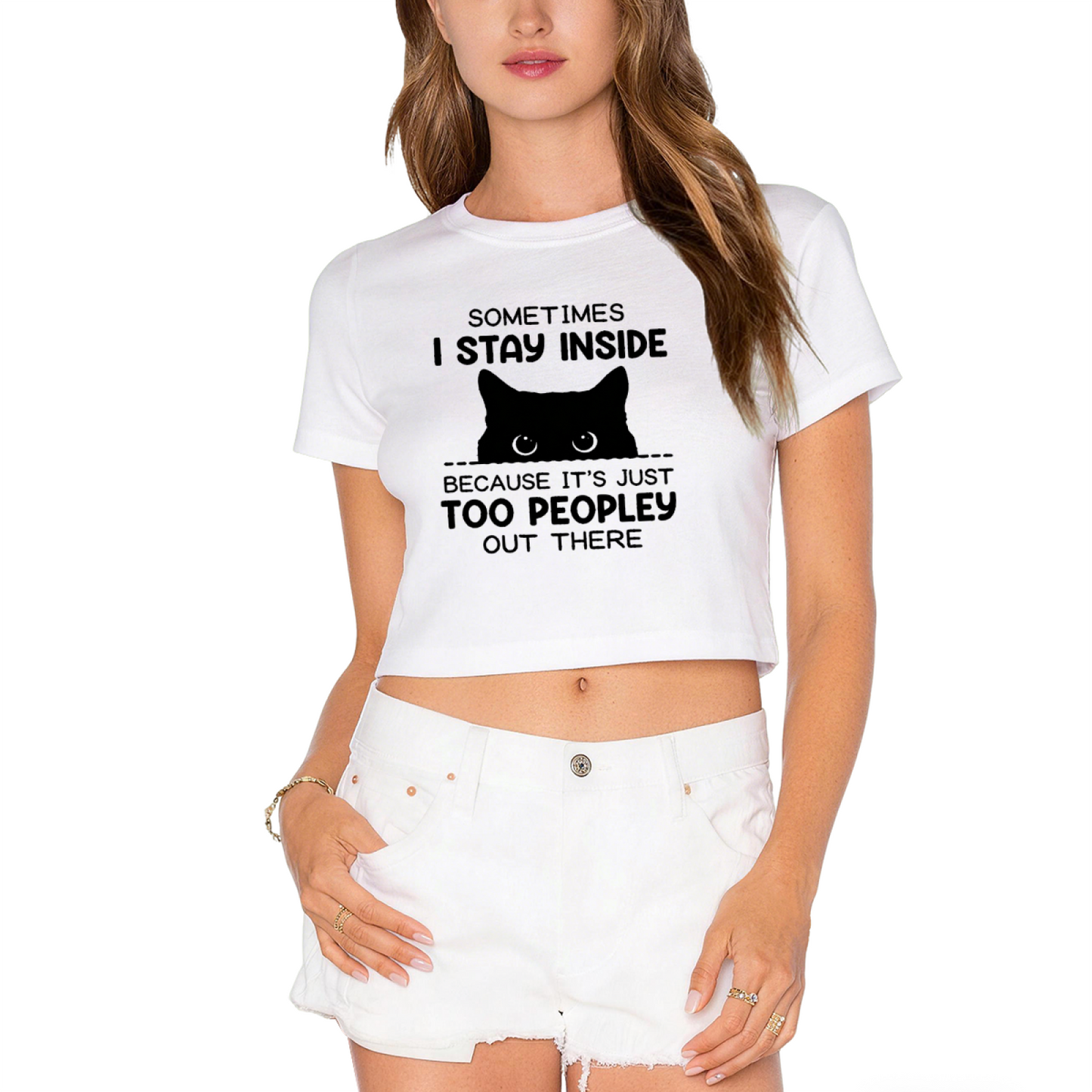Too Peopley Introvert Cat Funny White Crop Tee