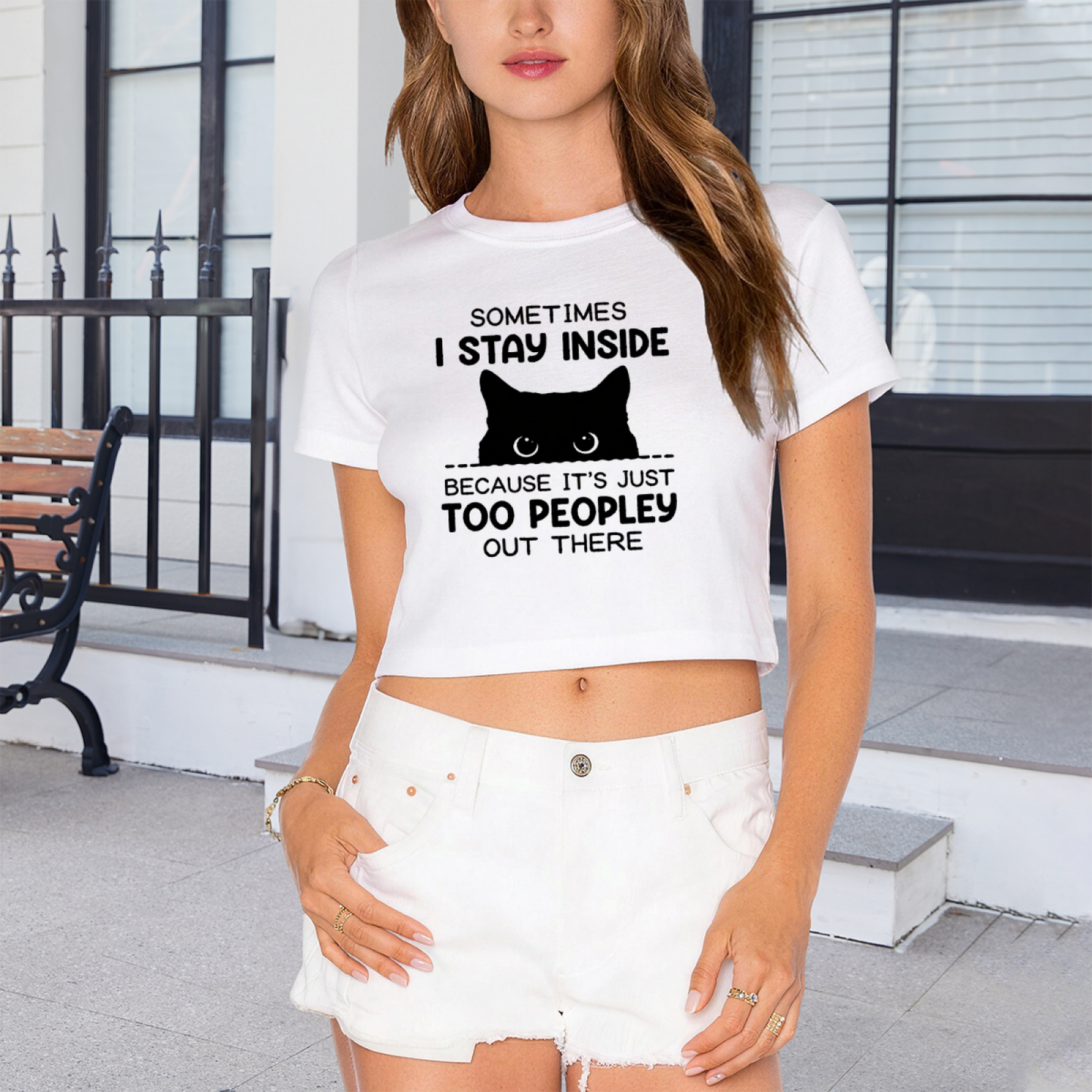 Too Peopley Introvert Cat Funny White Crop Tee