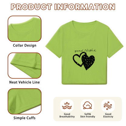 Good Night Starry Hearts Lime Green Y2K Crop Top