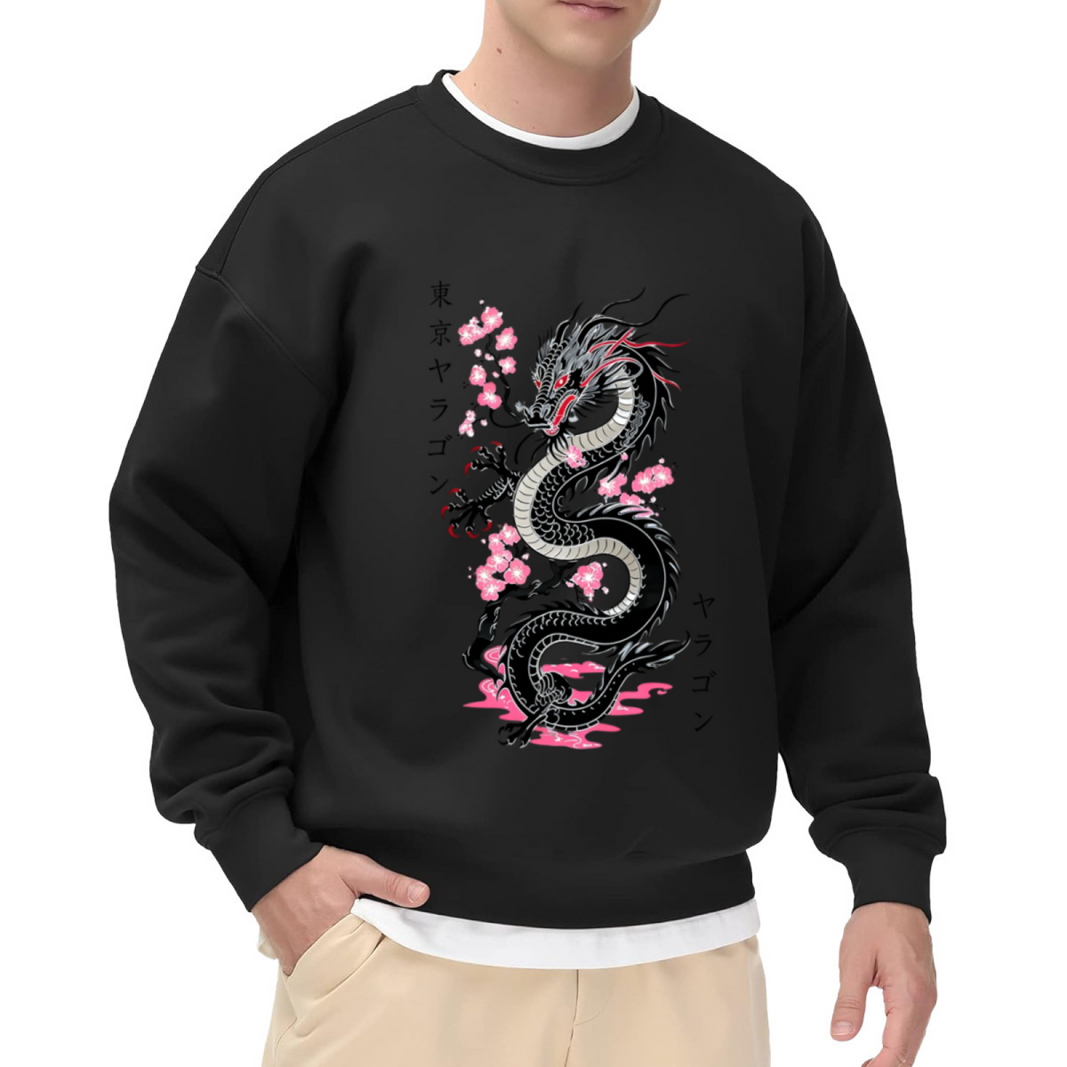 Japanese Black Dragon Cherry Blossom Aesthetic Crewneck Sweatshirt
