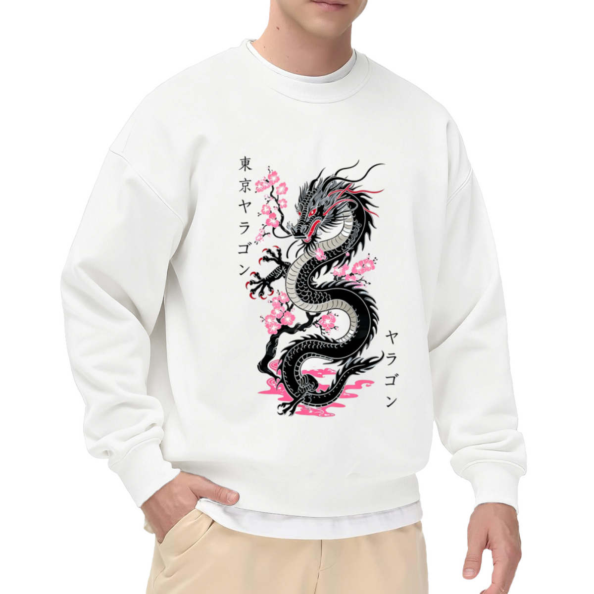 Japanese Black Dragon Cherry Blossom Aesthetic Crewneck Sweatshirt