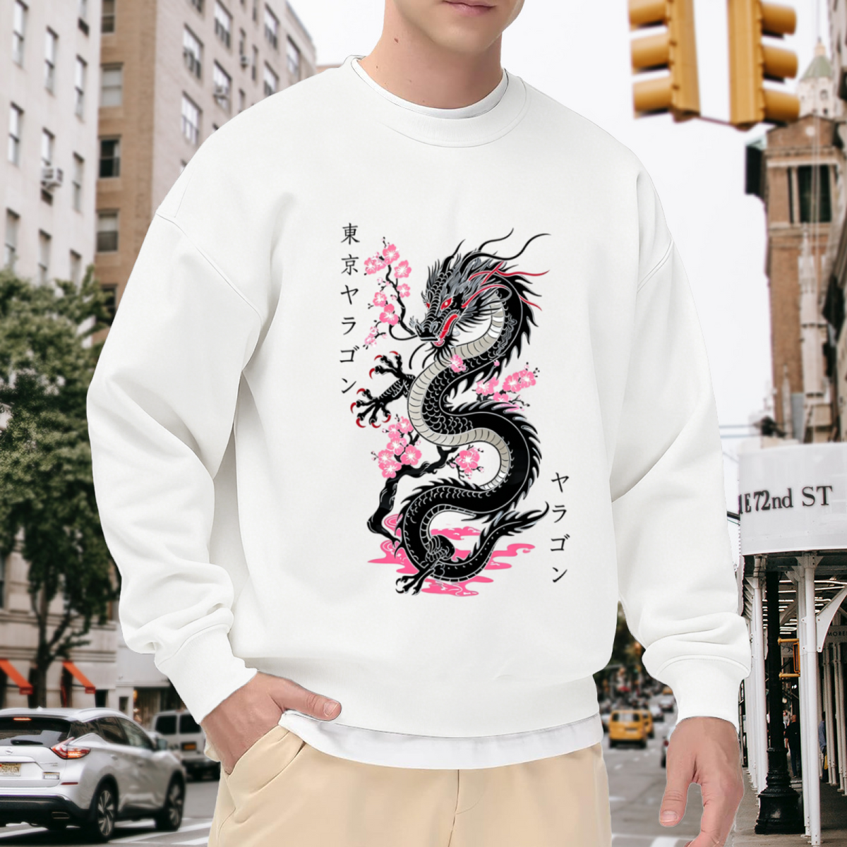 Japanese Black Dragon Cherry Blossom Aesthetic Crewneck Sweatshirt