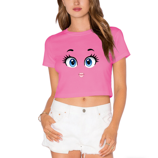 Big Cartoon Doll Eyes Hot Pink Crop Top ¨C Cute Kawaii Face Print  Tee