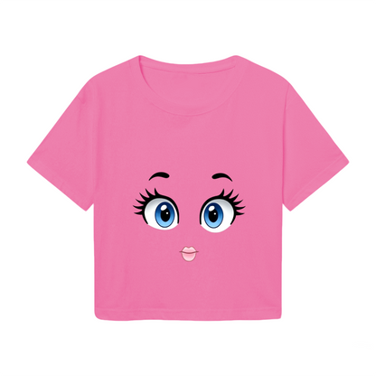 Big Cartoon Doll Eyes Hot Pink Crop Top ¨C Cute Kawaii Face Print  Tee