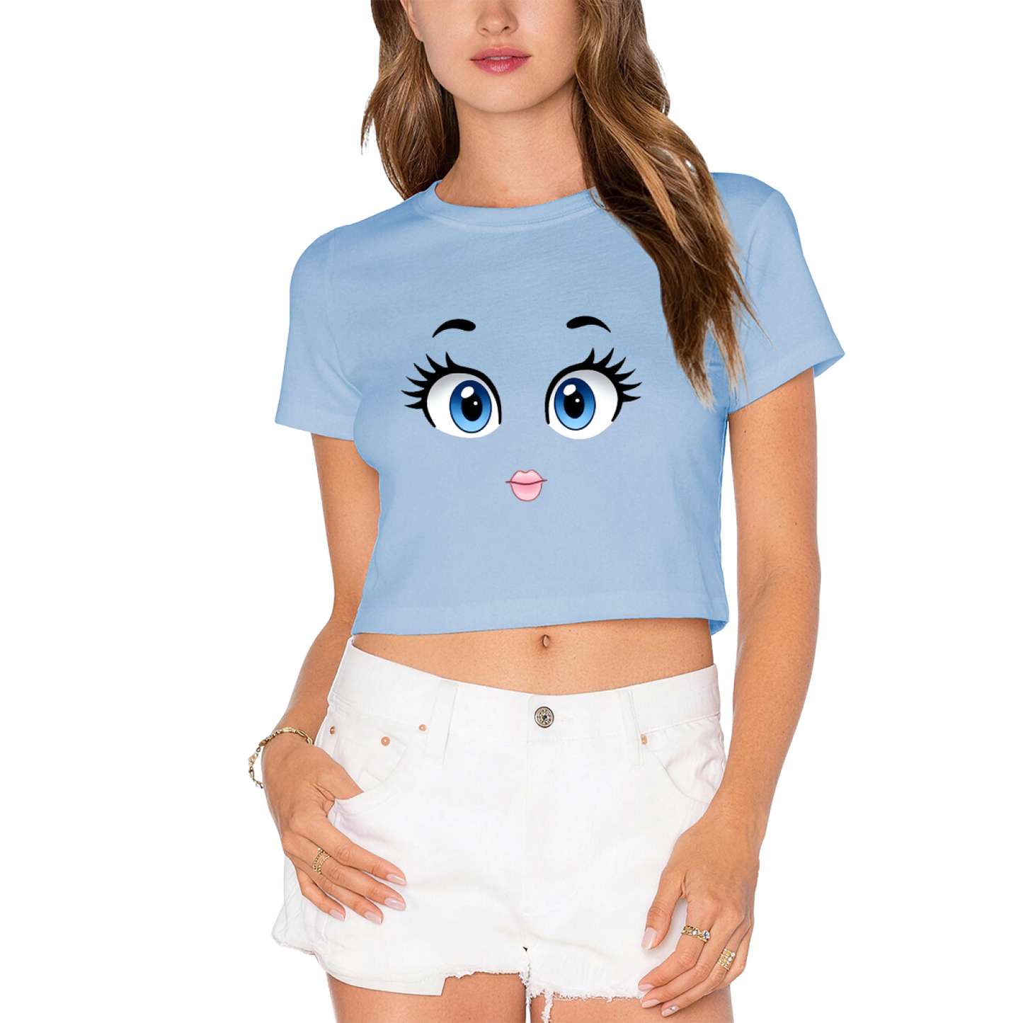 Big Cartoon Doll Eyes Hot Pink Crop Top ¨C Cute Kawaii Face Print  Tee
