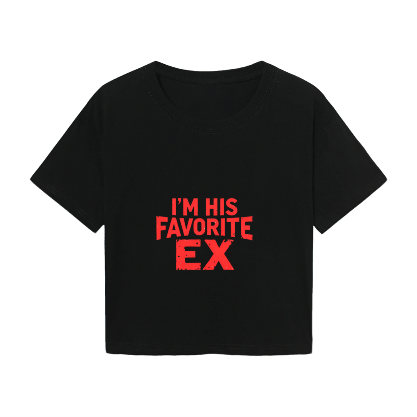 Edgy Distressed Black Crop Top With I¡¯M HIS FAVORITE EX Red Text