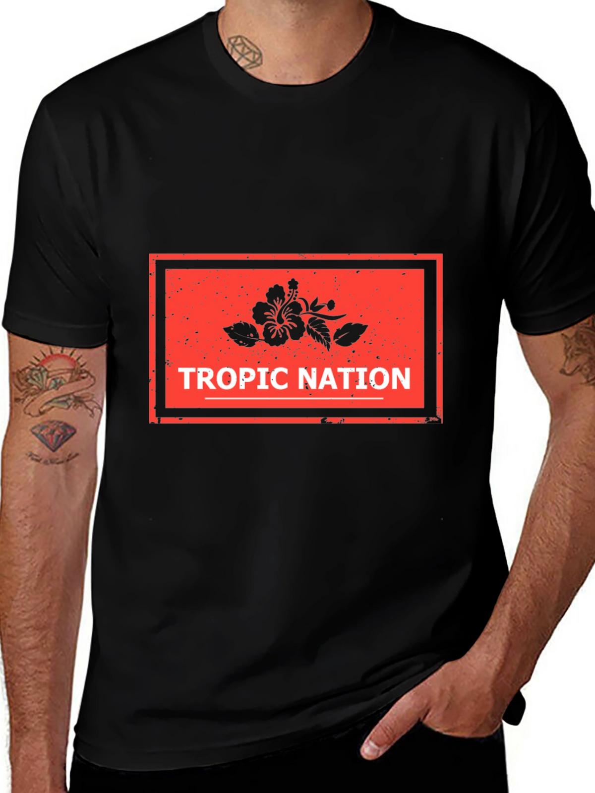 Tropic Nation Black T-Shirt with Floral Design