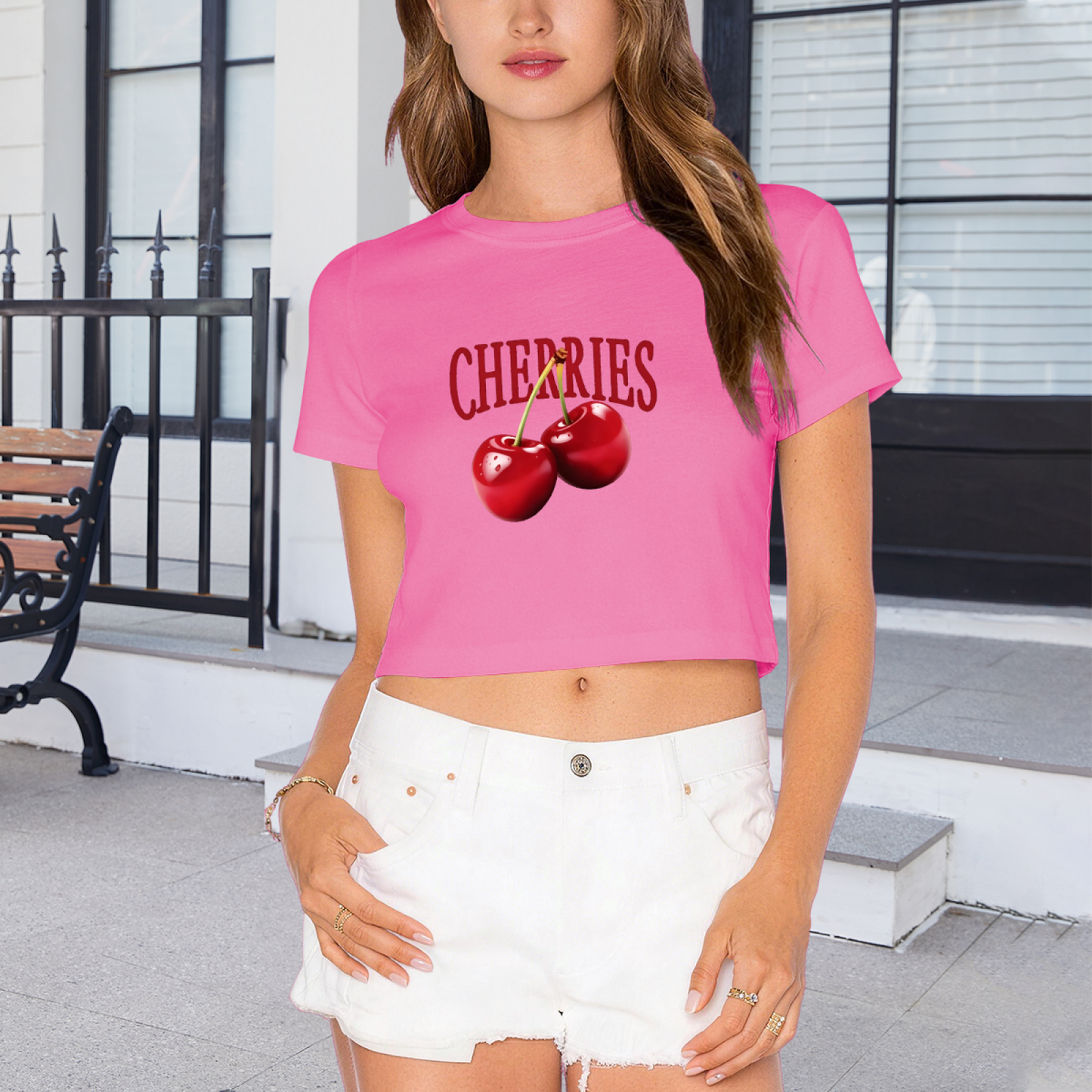 Bold Cherries Wordmark Hot Pink Crop Top ¨C Juicy Fruit Girly Print Tee