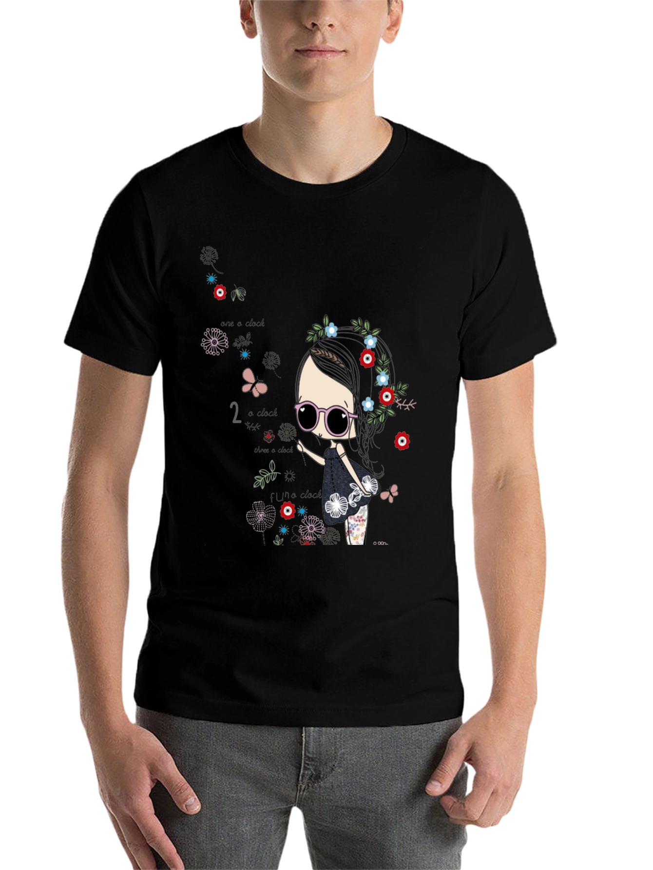 Whimsical Girl Graphic Tee - Black