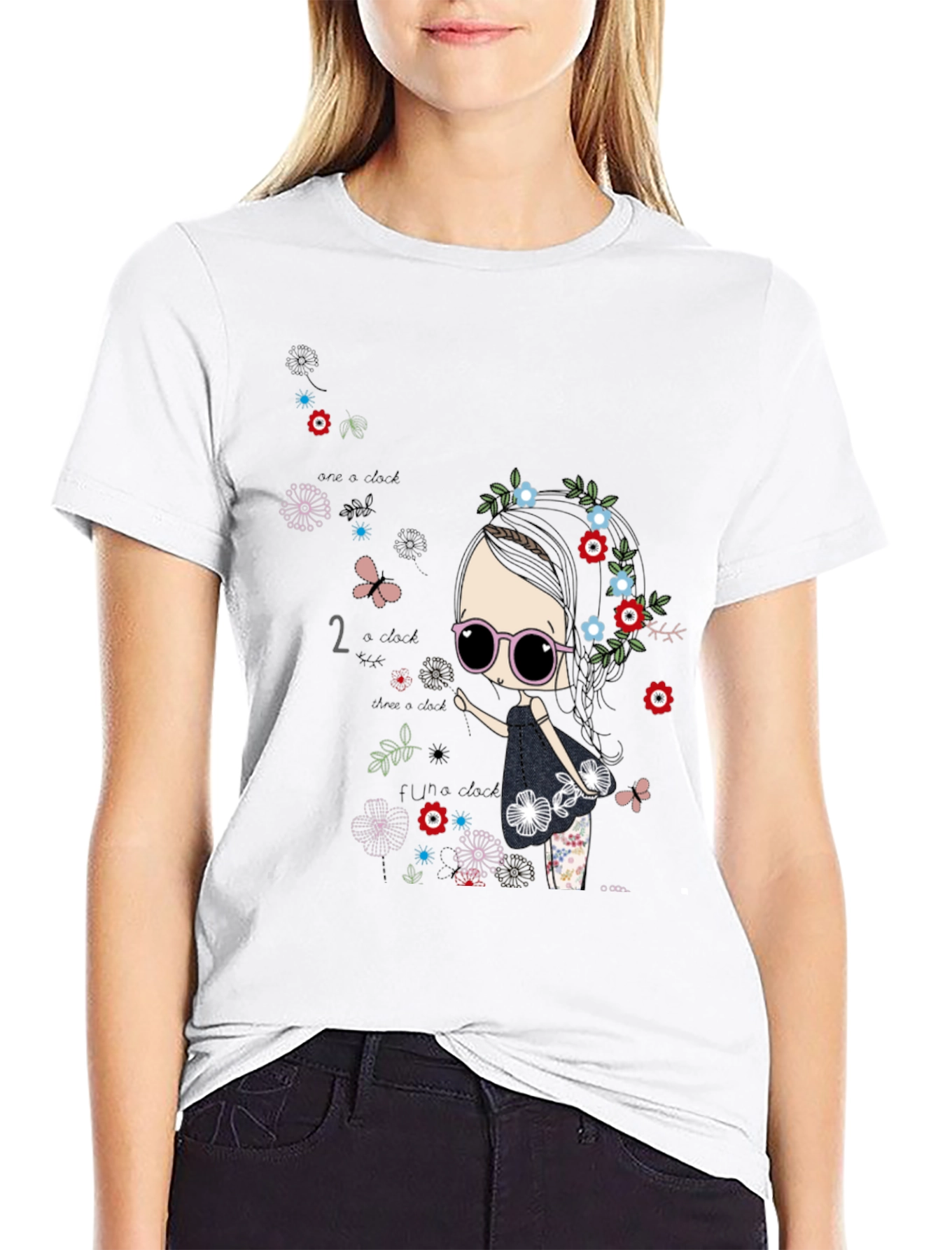 Whimsical Girl Graphic Tee - Black