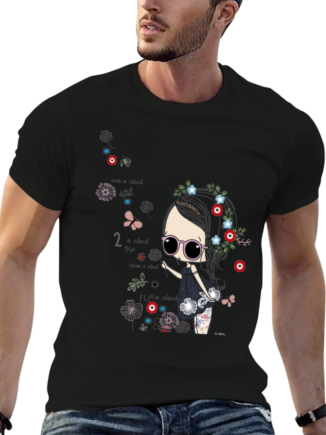 Whimsical Girl Graphic Tee - Black