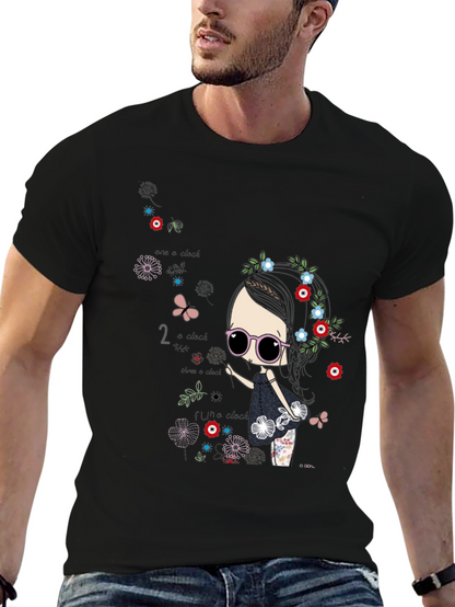 Whimsical Girl Graphic Tee - Black