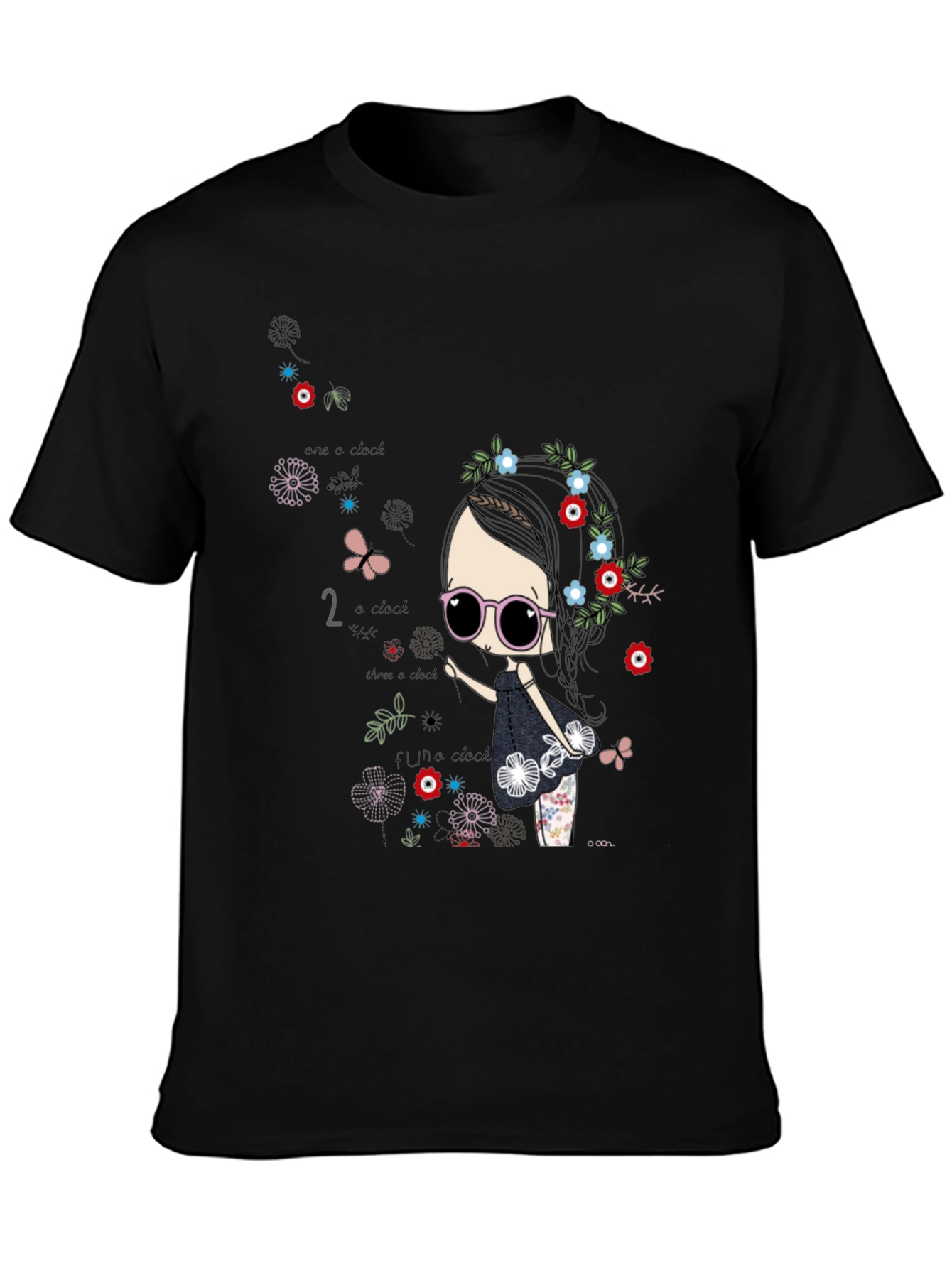 Whimsical Girl Graphic Tee - Black