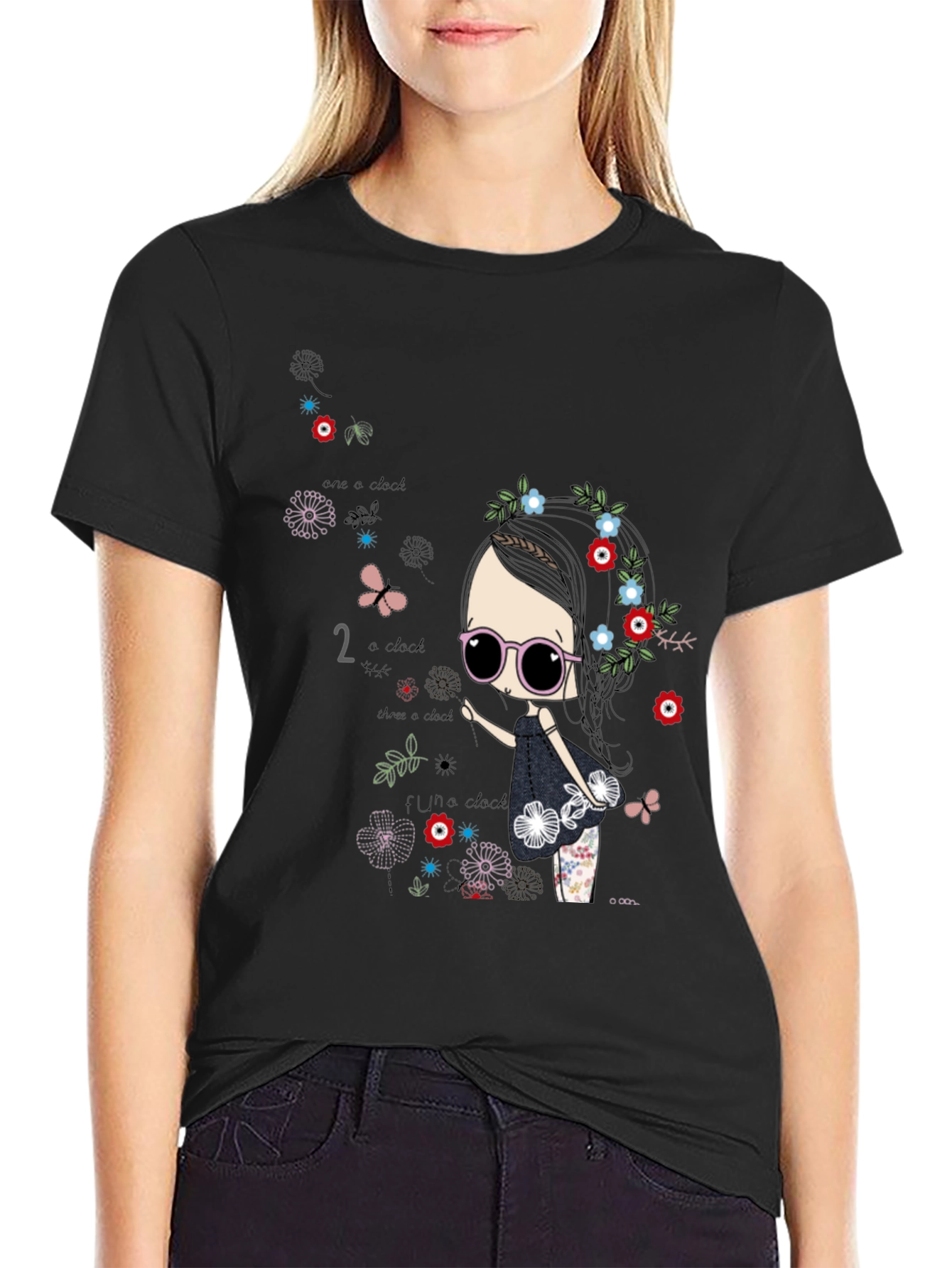 Whimsical Girl Graphic Tee - Black