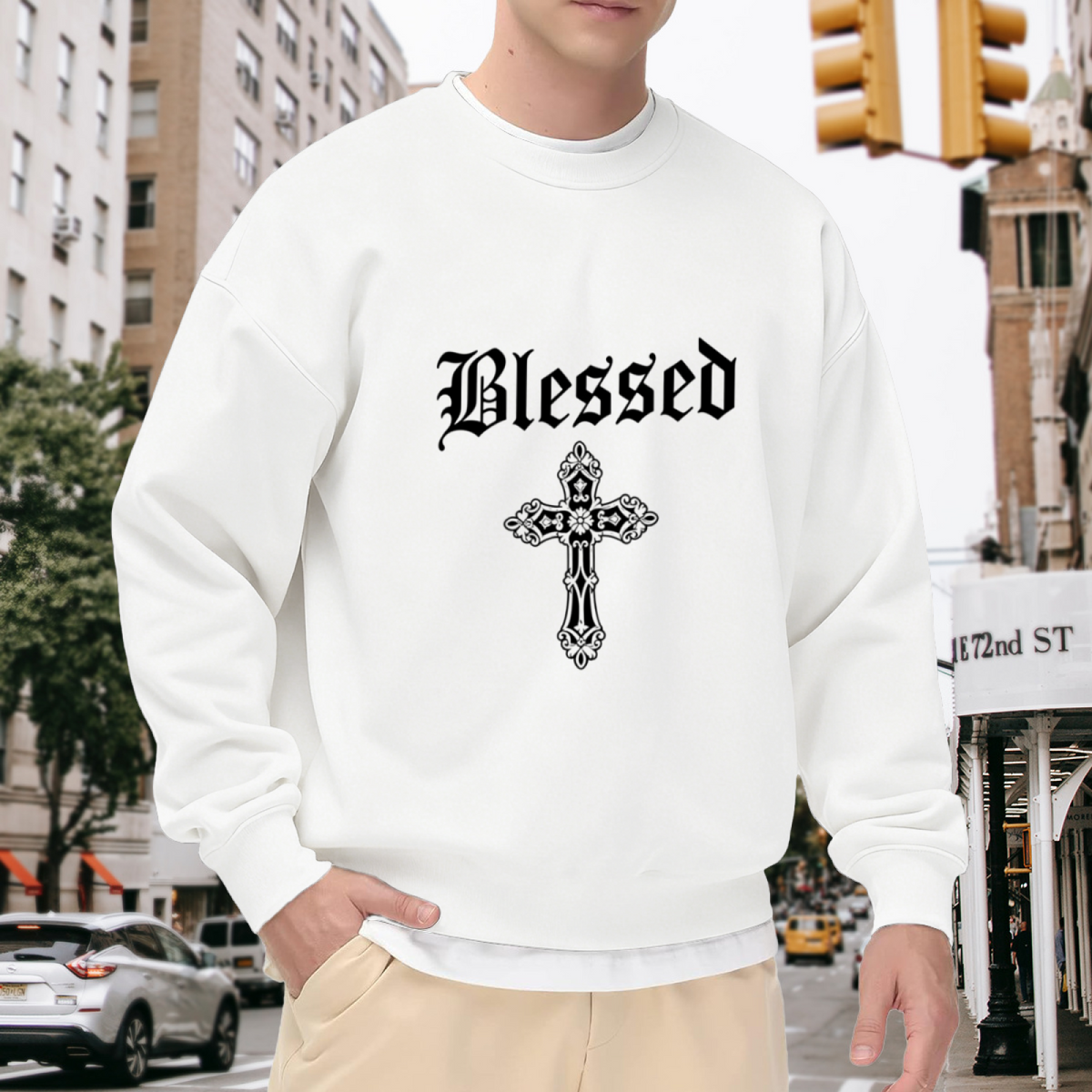 Gothic Blessed Cross Pattern White Fake Two?Piece Sweatshirt