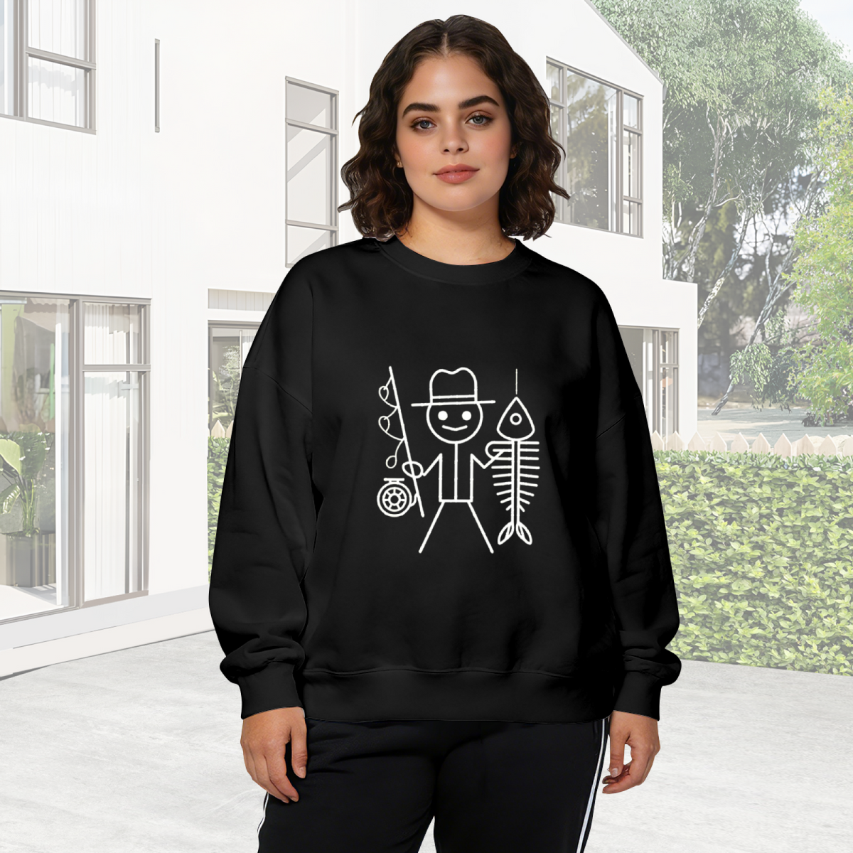 Funny Fisherman Stick Figure Fishing Hobby Graphic Crewneck Sweatshirt