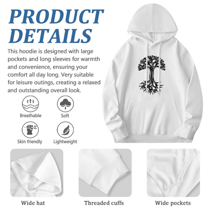 Minimal Tree Of Life Black Line White Hoodie, Cozy Simple Graphic Unisex Top