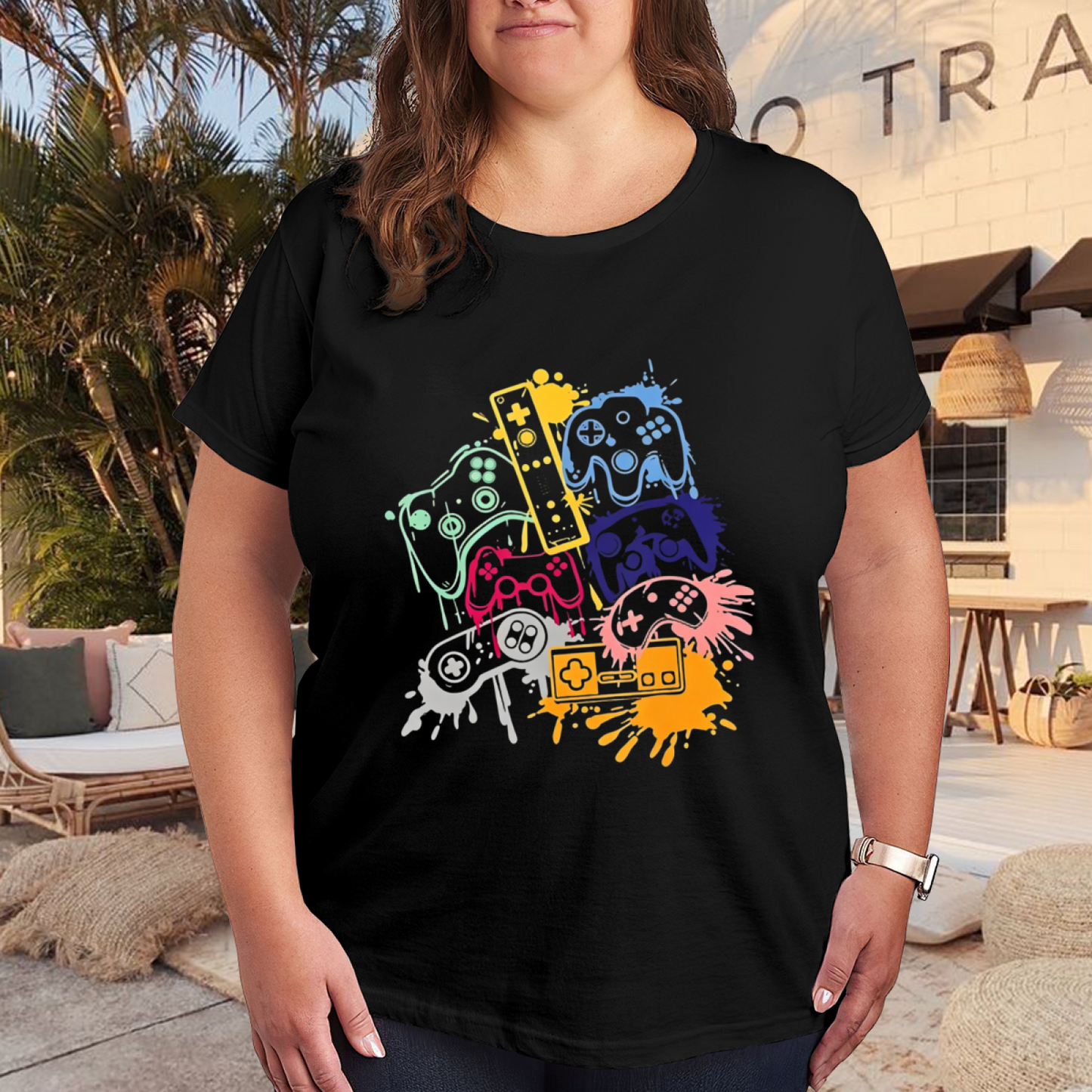 Color Splash Retro Game Controllers Gamer Tee