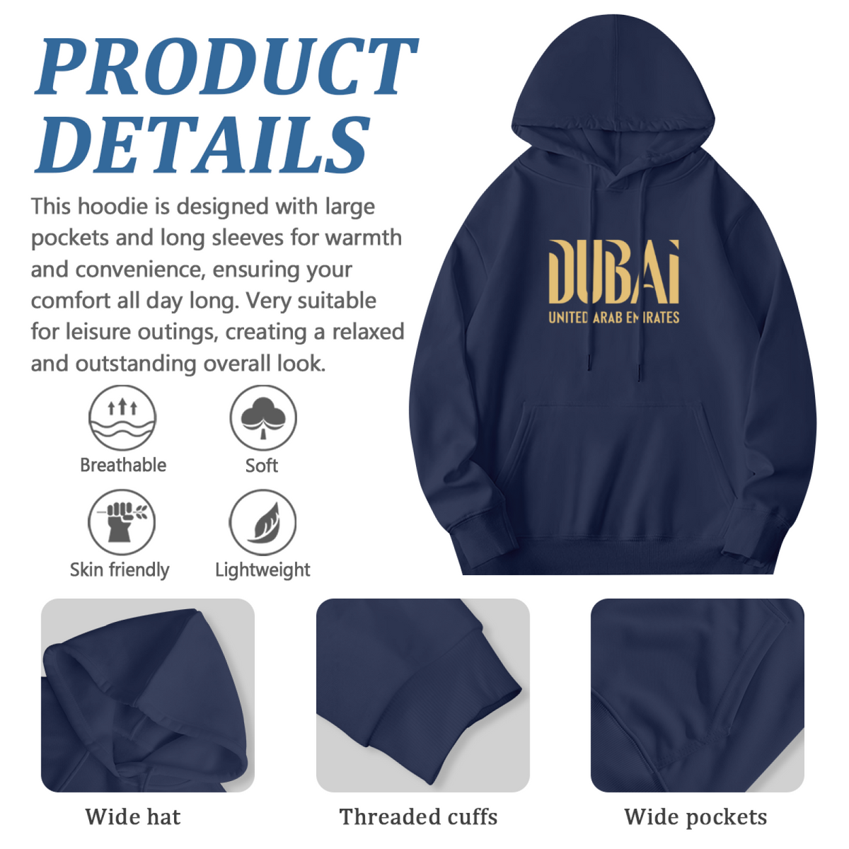 Luxury Dubai UAE Letter Print Hoodie, Snug Everyday Outfit