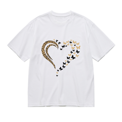 Leopard Heart Golden Butterfly Graphic White Casual Top