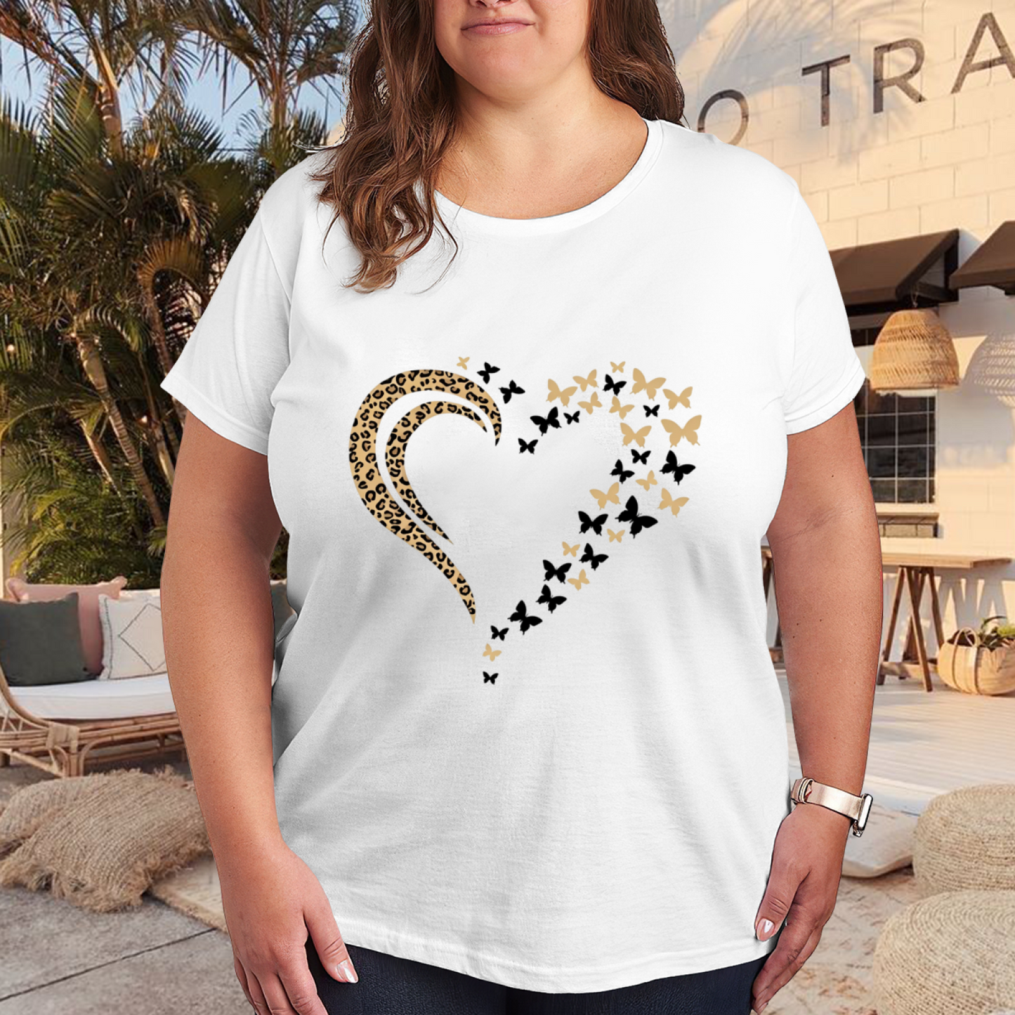 Leopard Heart Golden Butterfly Graphic White Casual Top