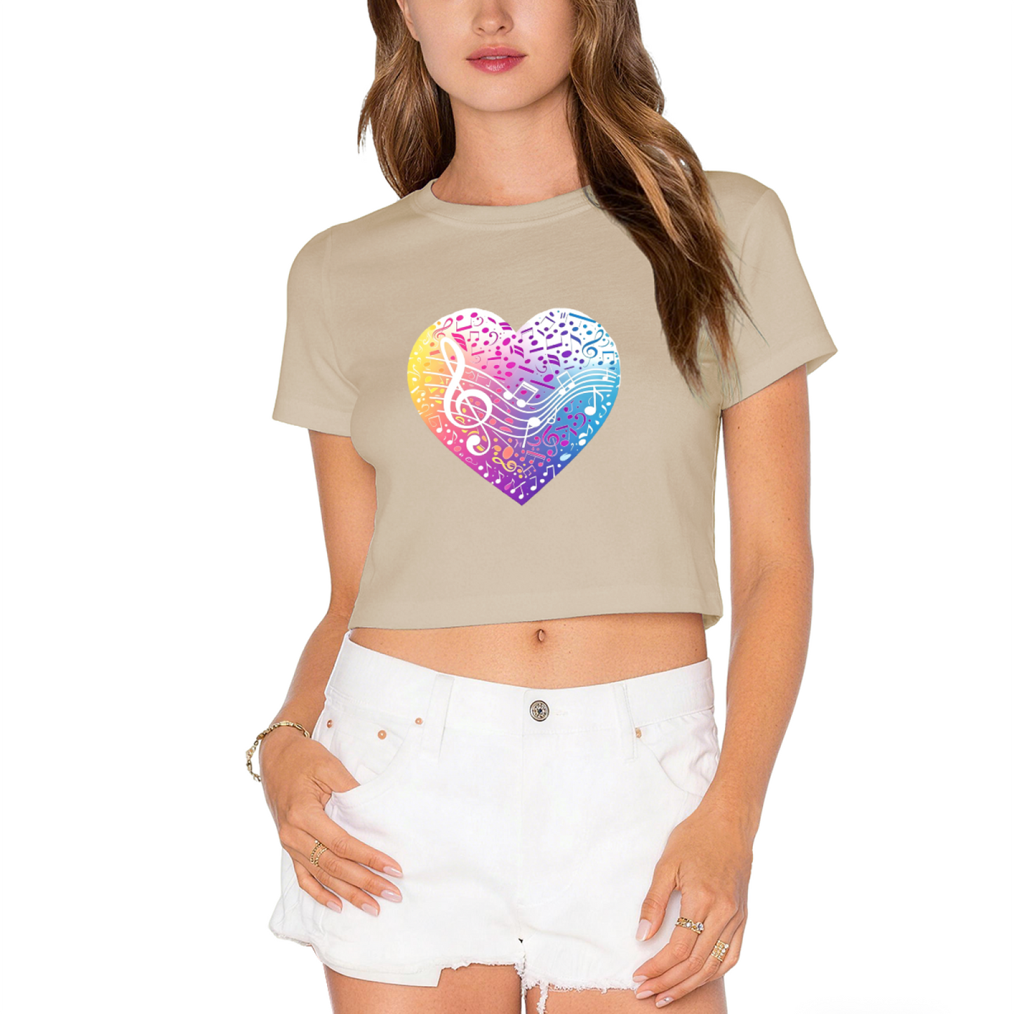 Rainbow Musical Note Heart White Crop Top ¨C Vibrant Music Lover Aesthetic Short T-Shirt