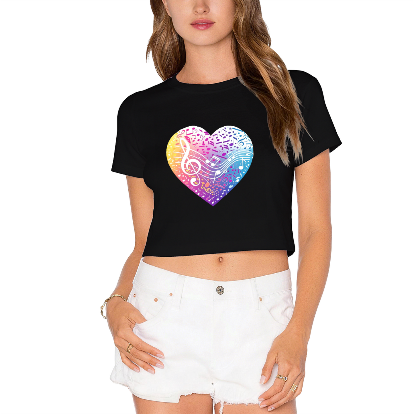Rainbow Musical Note Heart White Crop Top ¨C Vibrant Music Lover Aesthetic Short T-Shirt