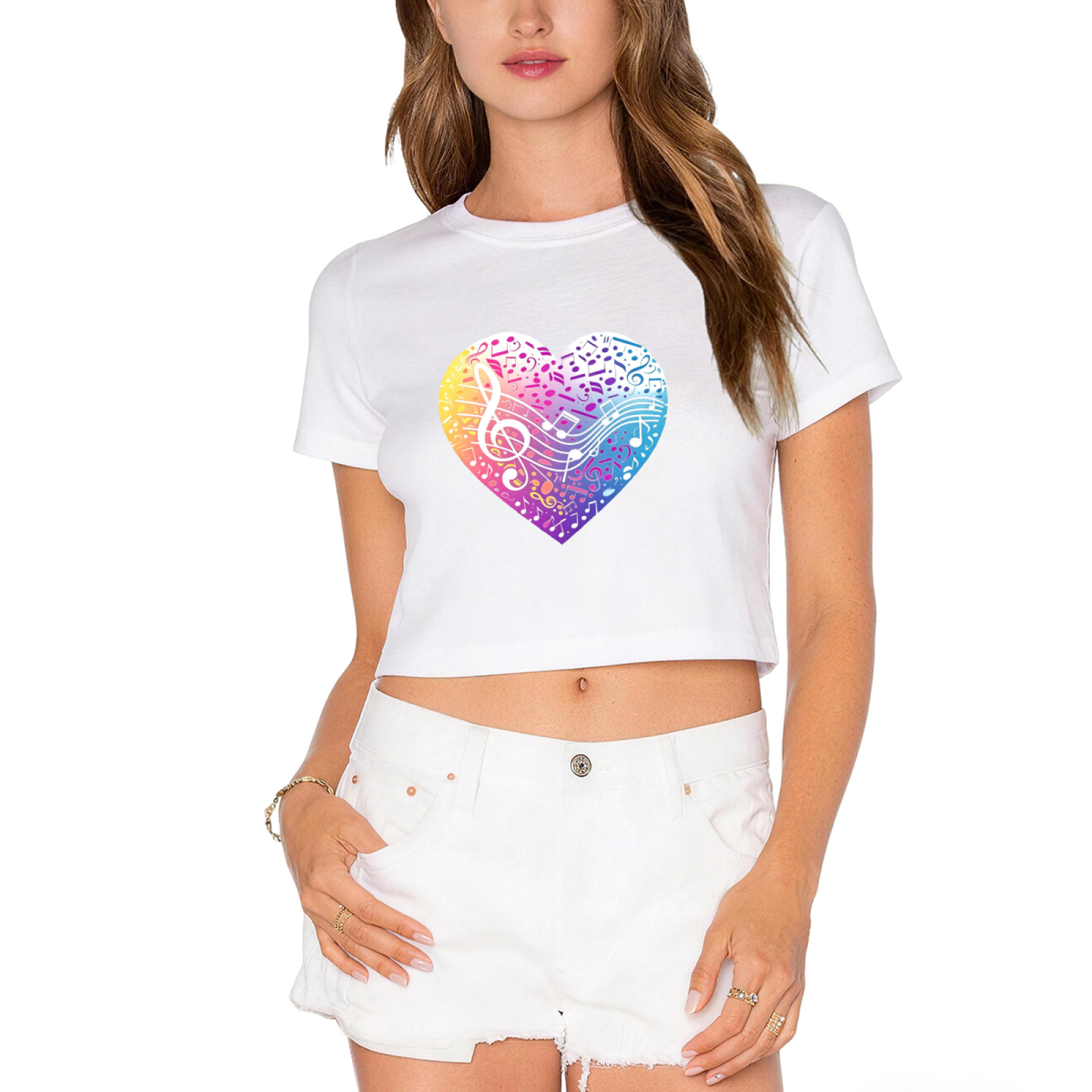 Rainbow Musical Note Heart White Crop Top ¨C Vibrant Music Lover Aesthetic Short T-Shirt