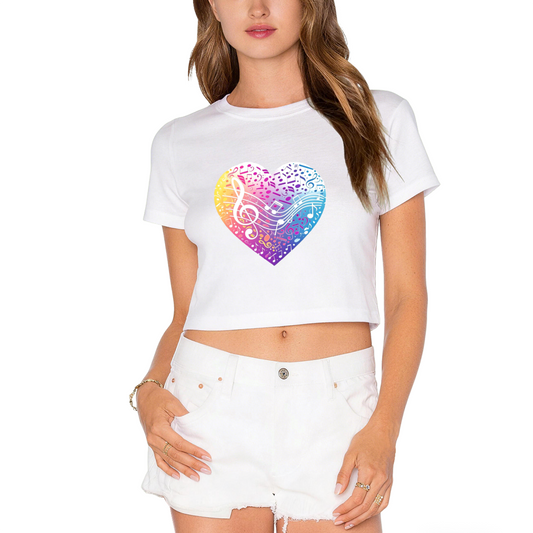 Rainbow Musical Note Heart White Crop Top ¨C Vibrant Music Lover Aesthetic Short T-Shirt