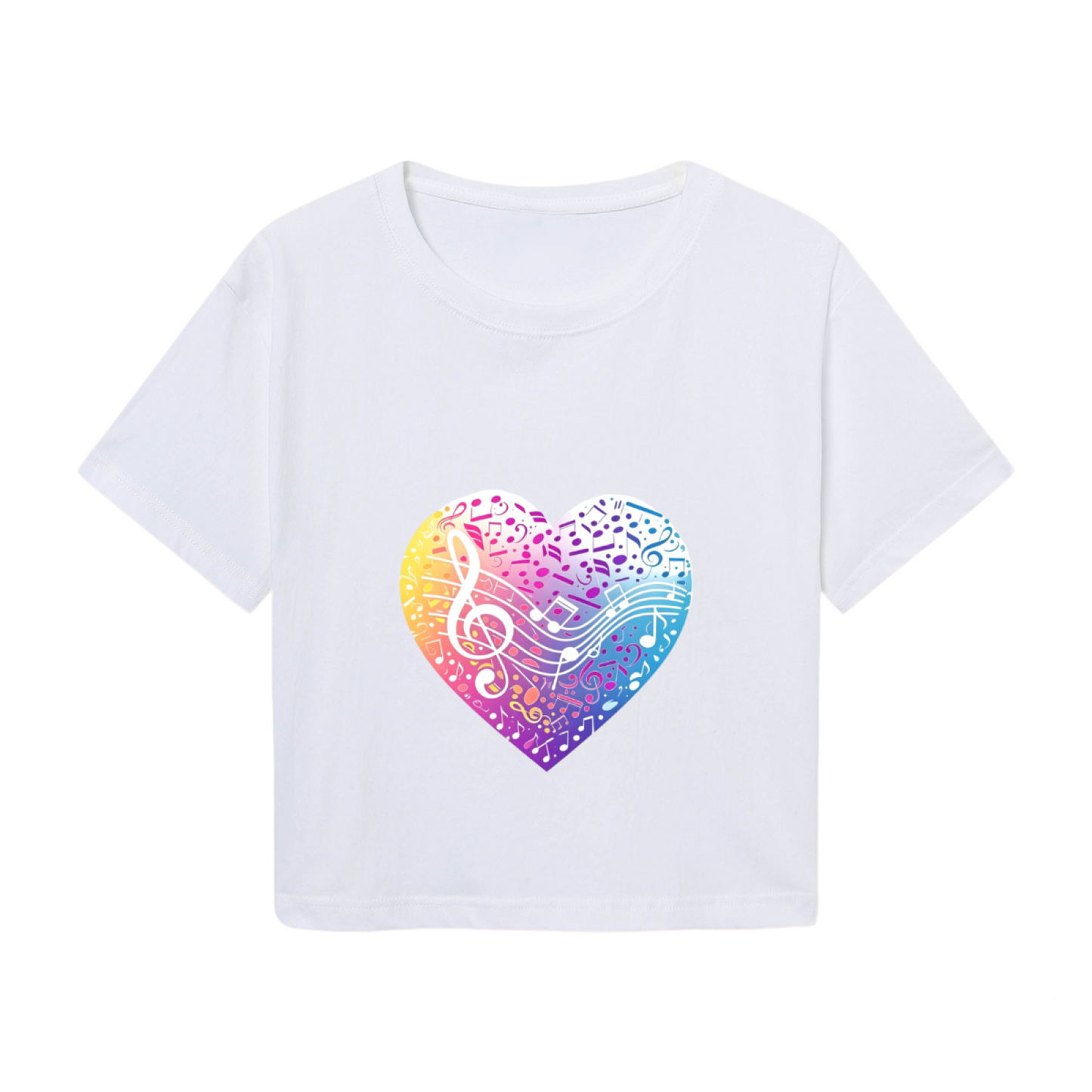 Rainbow Musical Note Heart White Crop Top ¨C Vibrant Music Lover Aesthetic Short T-Shirt