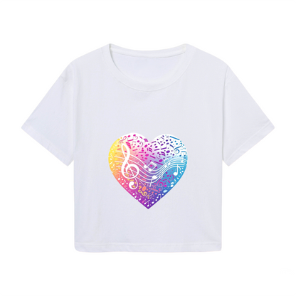 Rainbow Musical Note Heart White Crop Top ¨C Vibrant Music Lover Aesthetic Short T-Shirt
