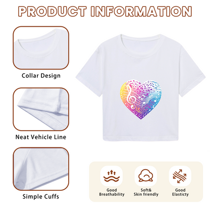 Rainbow Musical Note Heart White Crop Top ¨C Vibrant Music Lover Aesthetic Short T-Shirt