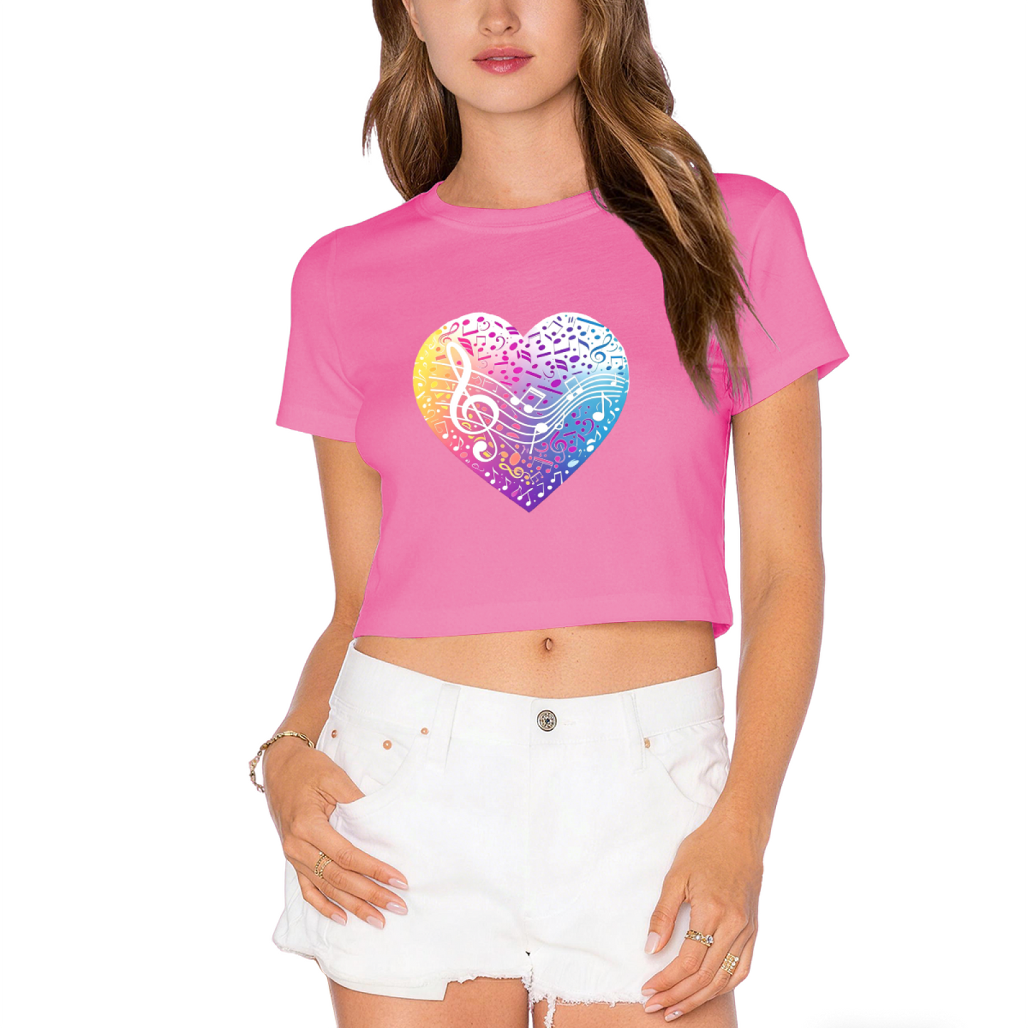 Rainbow Musical Note Heart White Crop Top ¨C Vibrant Music Lover Aesthetic Short T-Shirt