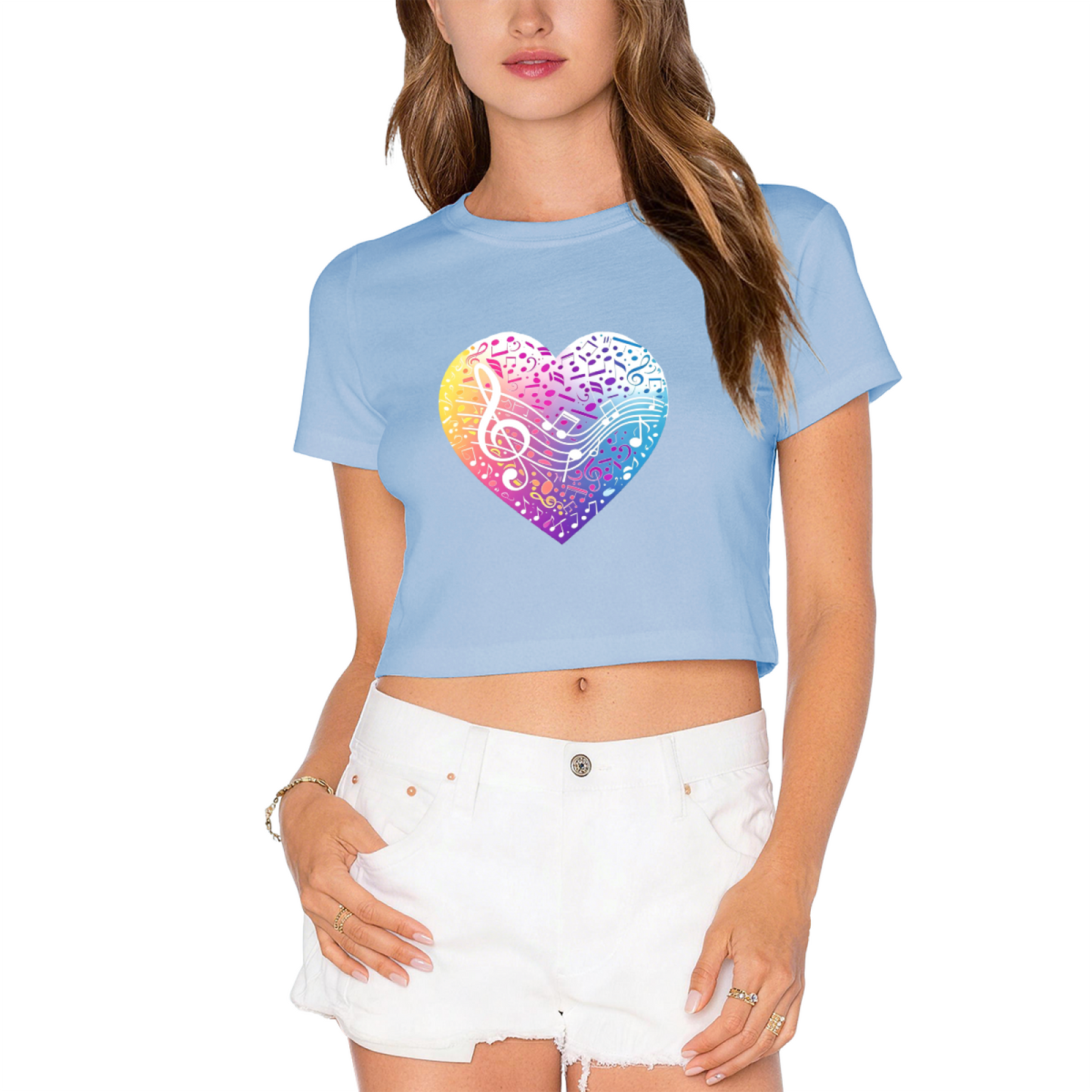 Rainbow Musical Note Heart White Crop Top ¨C Vibrant Music Lover Aesthetic Short T-Shirt