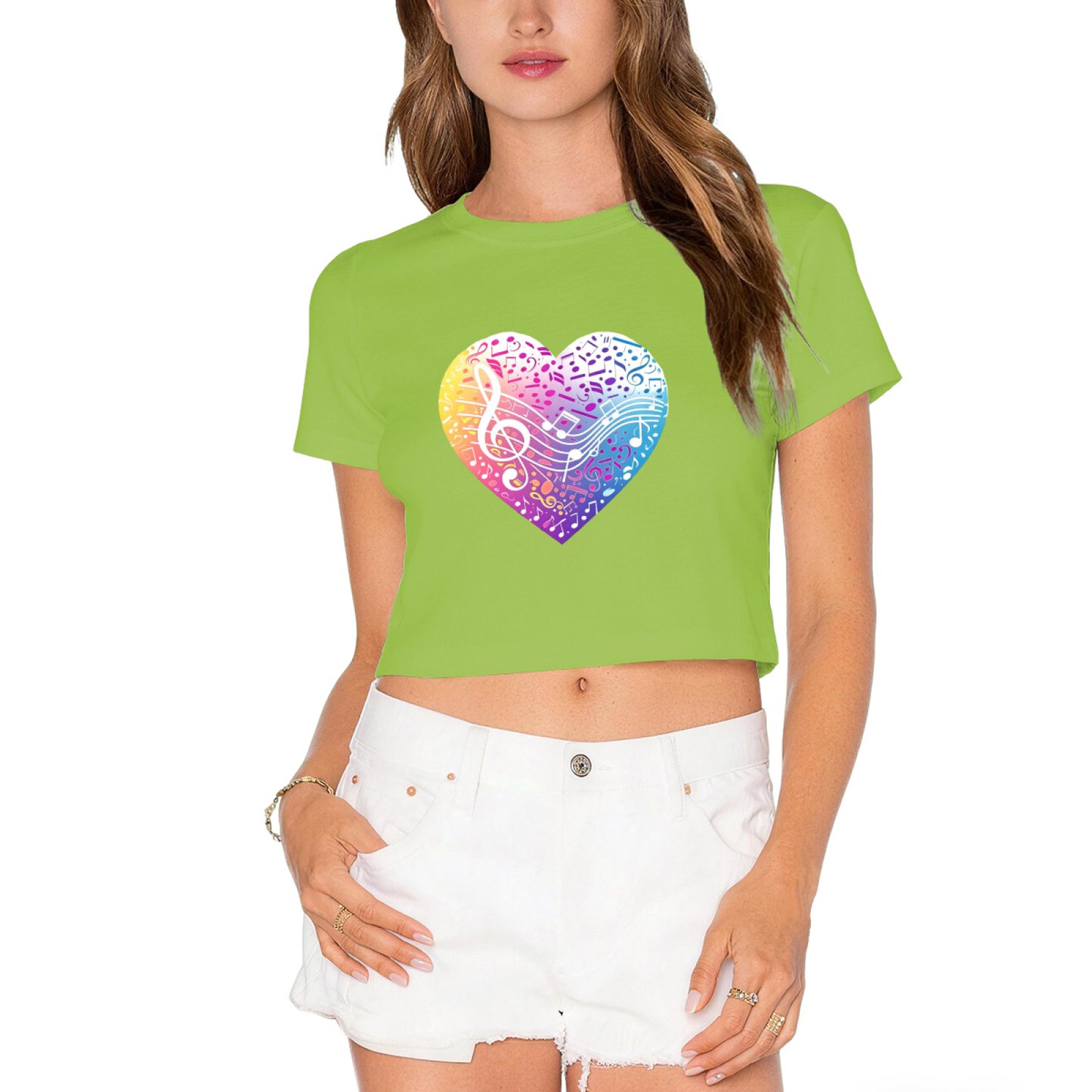 Rainbow Musical Note Heart White Crop Top ¨C Vibrant Music Lover Aesthetic Short T-Shirt