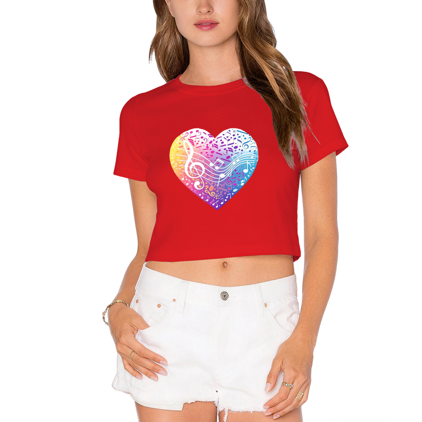 Rainbow Musical Note Heart White Crop Top ¨C Vibrant Music Lover Aesthetic Short T-Shirt