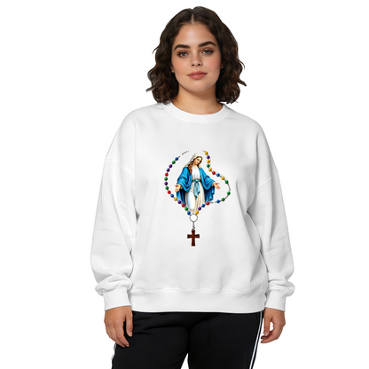 Virgin Mary Colorful Rosary Cross Graphic Crewneck Sweatshirt